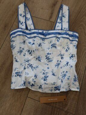 Reformation Eloise Linen Blue Floral Top